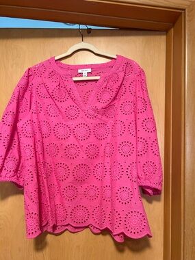 Eyelet V-Neck Blouse in Bright Pink